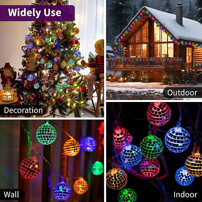 20 LED 2" Disco Balls String Lights 10.5ft, Memory Timer, Battery Operated Portable Decorative Novelty Christmas Holiday Hanging Fairy Light Garland Indoor/Outdoor, Silver Mirror/Colorful