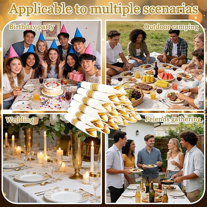 20 Pack Pre Rolled Gold Plastic Silverware Set,Wrapped Plastic Cutlery Set with Napkin Include 20 Forks,20 Spoons,20 Knives and 20 White Napkins for Party,Wedding,Birthday