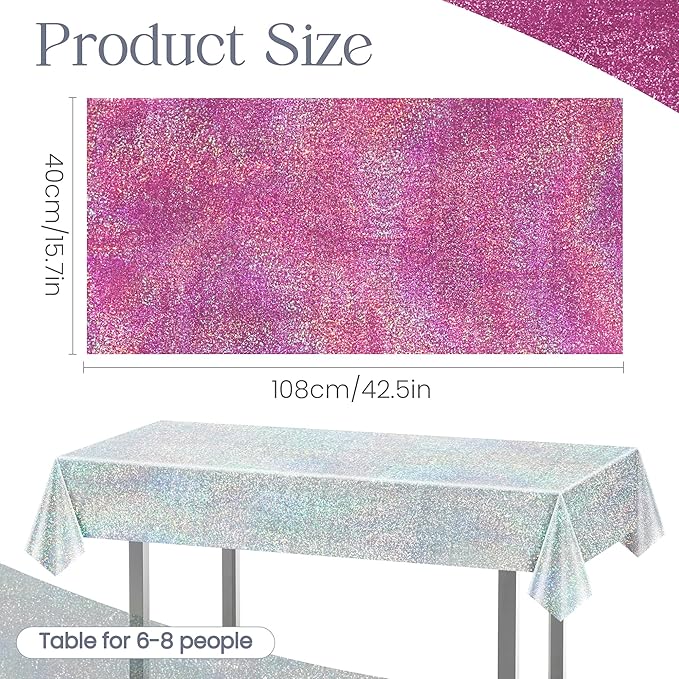 Just Shimmer Sparkling Holographic Laser Tablecloth - Shimmering, Waterproof, Easy to Clean - Ideal for Bachelorette, Birthday, Wedding, and Anniversary Party Decorations (Pink & Silver, 2)