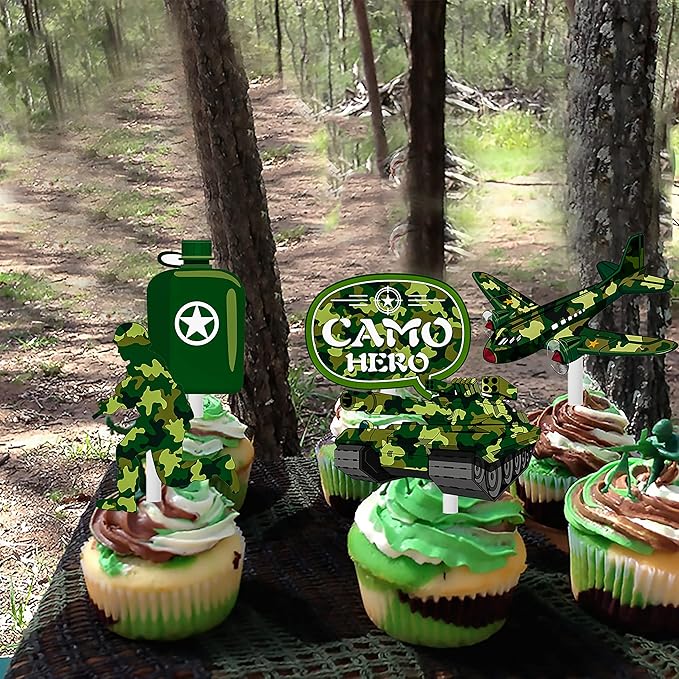 36pcs Camo Cupcake Toppers Camouflage Cake Decorations Military Cupcake Picks for Army Soldier Theme Birthday Party Baby Shower Supplies