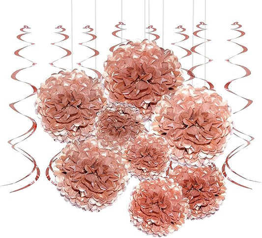 Rose Gold Bachelorette Party Hanging Decorations - Wedding Party Foil Swirls Tissue Paper Pom Poms Flowers Bridal Shower Party Garlands Baby Shower Birthday Party Decorations, 20Ct
