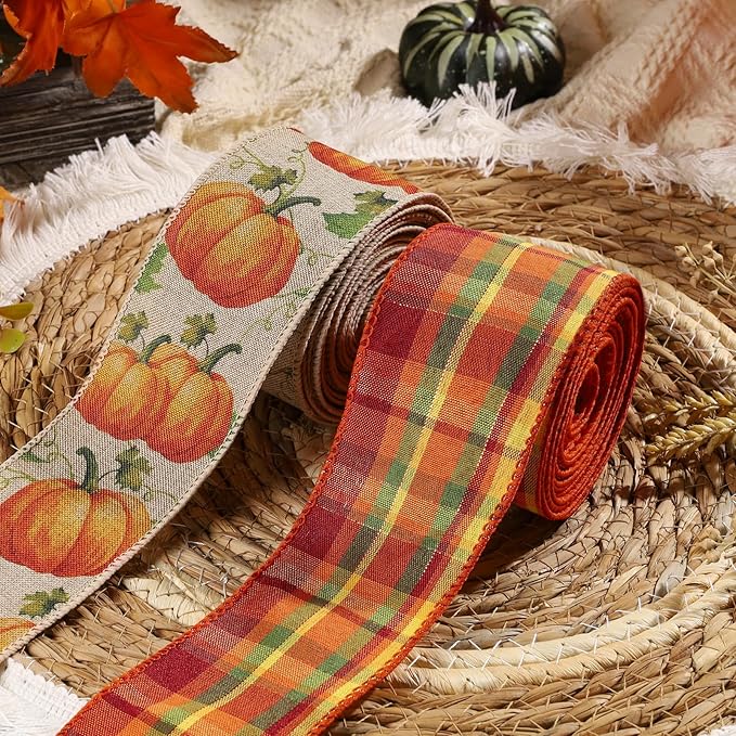 LaRibbons Fall Burlap Plaid Ribbon Wired 2 1/2" x 6 Yards 2 Rolls, Pumpkin Plaid Ribbon for Autumn Wreath Thanksgiving Farm Gift Wrapping Home Decor