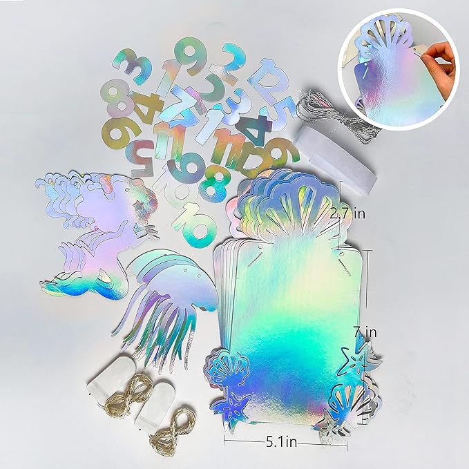 Iridescent Mermaid Photo Banner 4"x6" Jellyfish SeaShell Starfish Photograph Bunting with LED String Light for Little Mermaid Under The Sea Baby Kid Birthday Bachelorette Anniversary Party Decorations