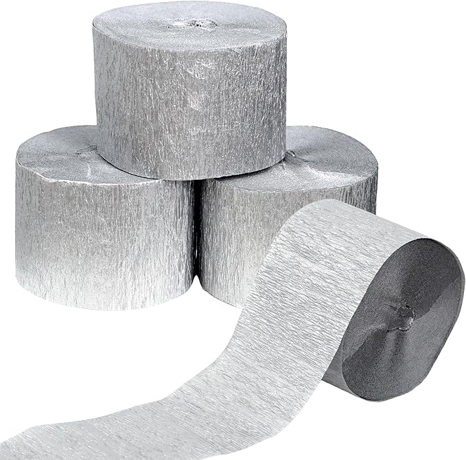 Silver Streamers 4 Rolls, 328 Ft Silver Crepe Paper, Streamer Party Decorations for Birthday, Wedding, Showers (1.8 in x 82 ft/Roll)