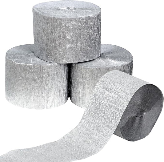 Silver Streamers 4 Rolls, 328 Ft Silver Crepe Paper, Streamer Party Decorations for Birthday, Wedding, Showers (1.8 in x 82 ft/Roll)