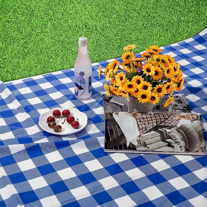 Kesfey 12 Packs Bule and White Checkered Tablecloths Party Picnic Disposable Table Covers 54 × 108 Inches Splashproof Plastic Checkered Gingham Tablecover for Outdoor Dinners Party Retro Celebrations