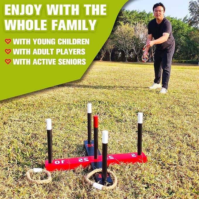 GOOSO Ring Toss Game for Kids - Indoor & Outdoor Game for Family and Adults with 5 Poles, 2 Bases and 6 Rings in 2 Colors, Backyard Party Activities for Adults Lawn Games for Kids