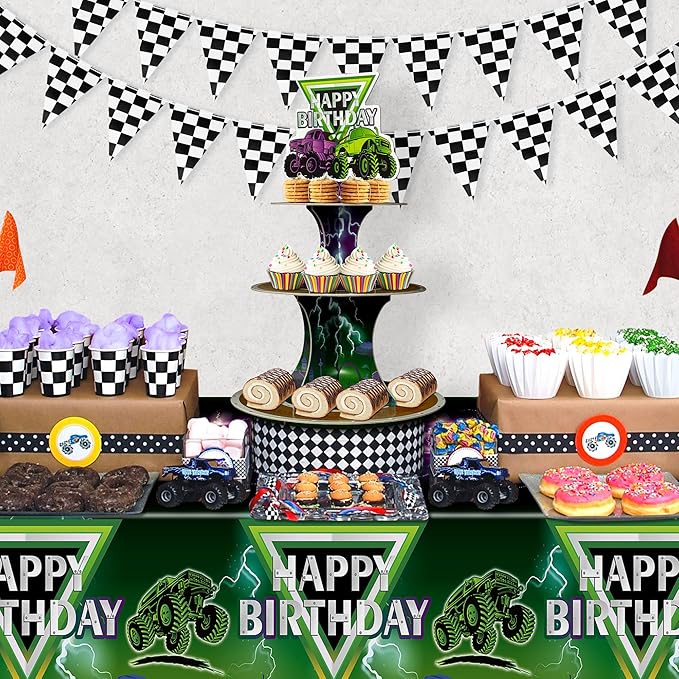 Haooryx Monster Truck Cupcake Stands - 2 Pcs 3-Tier Green Purple Monster Truck Cupcake Dessert Table Display Tower Cardboard Cake Holder Serving Tray Baby Shower Birthday Tea Party Decoration Supplies
