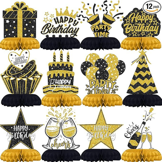 Black and Gold Birthday Decorations – 12Pcs Honeycomb Table Centerpieces, Elegant Party Table Toppers for Women, Classy Black Gold Birthday Party Supplies