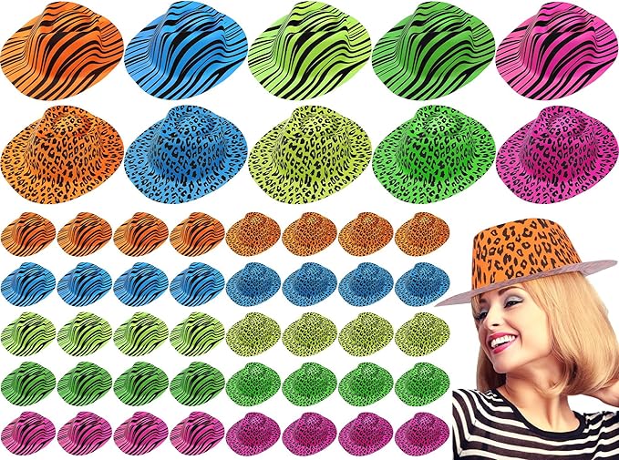 Handepo 50 Pcs Neon Party Hats for Adults Kids Halloween Colorful Plastic Cowboy Party Hats UV Reactive Fluorescent for Glow Birthday Weddings Carnival Concerts Music