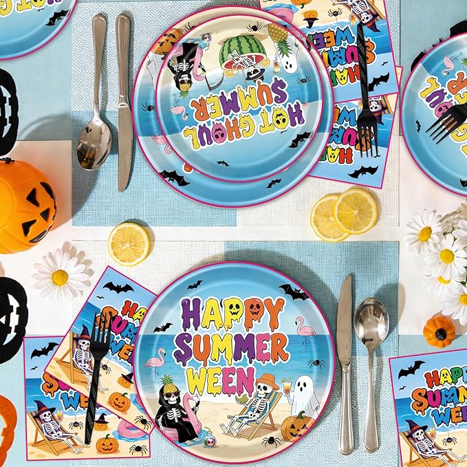 Gameza Happy Summer ween Party Decorations, 96PCS Summer Halloween Disposable Paper Plates and Napkin Decorations, Halloween in Summer Forks Decor for Hawaii Themed Hallows' Eve Ghost Supplies