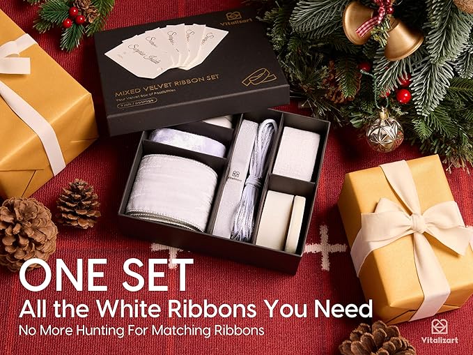 Vitalizart White Velvet Ribbon 9 Rolls with Gift Tags Luxury Textured Ribbon for Christmas Gift Wrapping Tree Ornaments Bows Wreaths Holiday Decorations