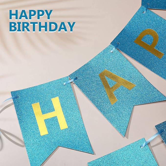 Clabby Glitter Blue Happy Birthday Banner with Shiny Letters Happy Birthday Shiny Glitter Hanging Signs Bunting for Party Supplies Hanging Backdrop Decoration