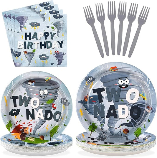 96Pcs Twonado Birthday Party Decorations Grey Tornado 2nd Birthday Plates and Napkins Disposable Tornado Paper Tableware for Boys Kids 2 Year Old Party Supplies, Serves 24