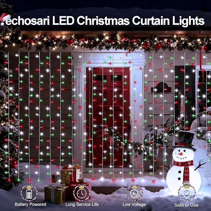 echosari Red White and Green Christmas Curtain Lights Battery Operated, 300 LED Fairy Curtain Lights 9.8Ft x 9.8Ft Hanging Lights with Remote Timer for Party Holiday Garden Yard Decor