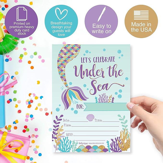 Hadley Designs Kids Birthday Invitations Girl Mermaid Theme - 25 Mermaid Birthday Party Invitations For Girls, Under the Sea Invites For Girls, Cute Party Supplies, Made in USA