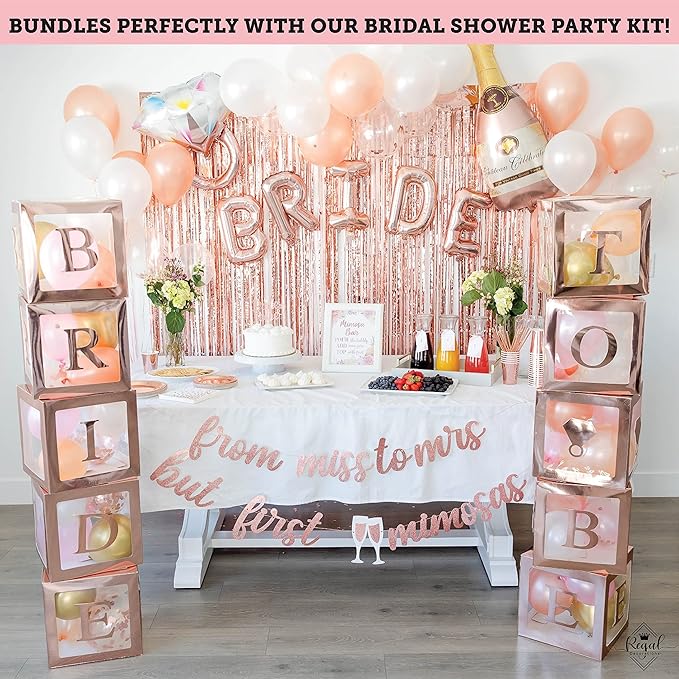 96 PC Bridal Shower Decorations Balloon Boxes Rose Gold - Transparent Block with BRIDE TO BE + GROOM + A - Z Letters and 40 Balloons- Engagement Bachelorette Parties Weddings Centerpieces Photo Booth