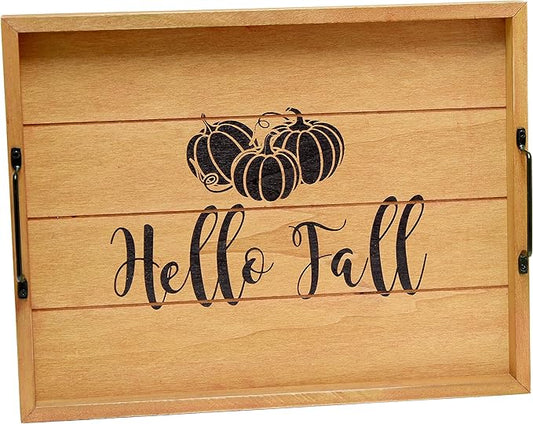 Elegant Designs HG2000-NHF Decorative Wood Serving Tray w/Handles, 15.50'' x 12'', Natural Hello Fall
