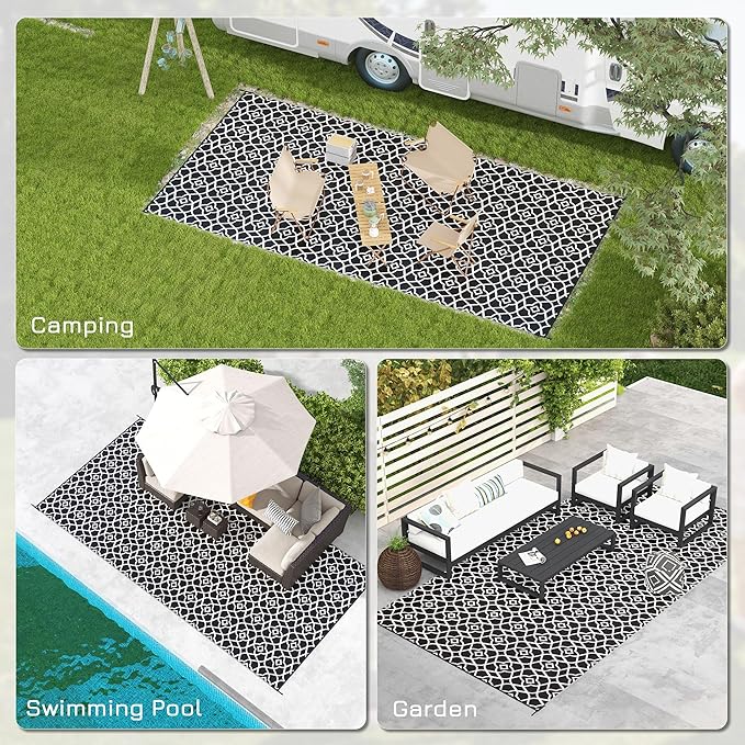 Outsunny Outdoor Rug for Patio, 9' x 18' Waterproof Large Mat, Reversible Plastic Straw Rug for Decor, Portable Outside RV Camping Area Carpet Mat for Backyard Porch Deck Picnic, Black & White Clover