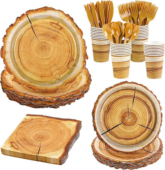 Kochorie 175 Pieces Rustic Wood Slice Party Supplies Camping Wood Grain Slice Tableware Set 7 Inch and 9 Inch Paper Plates Napkins Cups Cutlery for Hunting Birthday Party Decorations, Serve 25 Guests