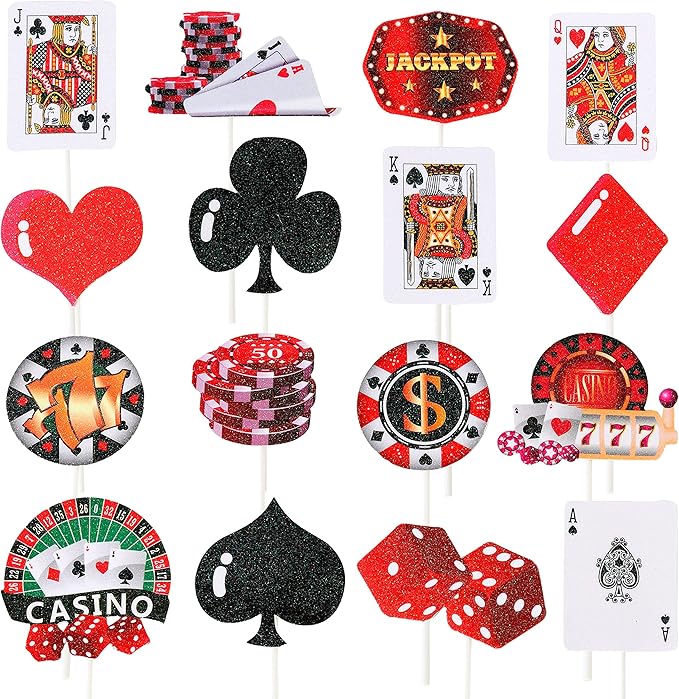 33pcs Casino Poker Party Decorations,Poker Theme Birthday Cake Cupcake Topper for Las Vegas Casino Night Poker Events Birthday Supplies Casino Poker Theme Cake Topper Food Picks Decoration Supplies