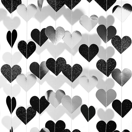 40Ft Black White Silver Heart Valentines Day Garland Hanging Streamer Decor for Bachelorette, Graduation, Black History Month Birthday Party Black Silver Wedding Party Decor