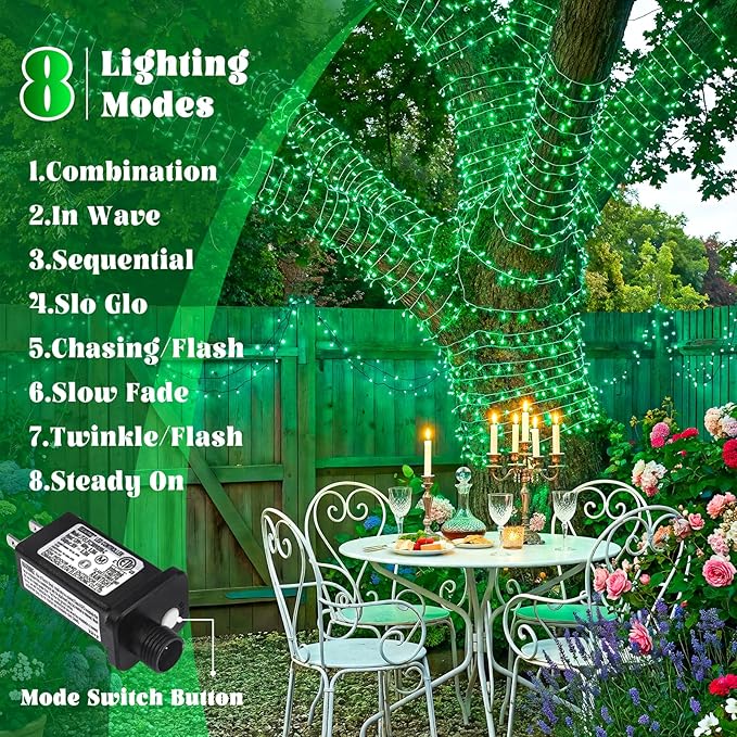 165FT 500 LED Outdoor String Lights, Plug in Christmas Lights Indoor Waterproof, 8 Modes Connectable Clear Wire Fairy Twinkle Lights for Indoor Home Garden Patio Party Decorations, Green