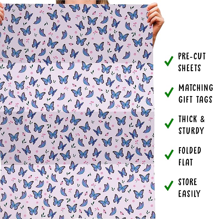 Central 23-6 Wrapping Paper Sheets - Purple Butterflies - GiftWrap for Girls Women - Birthday Gift Wrap - Recyclable - Made in the UK
