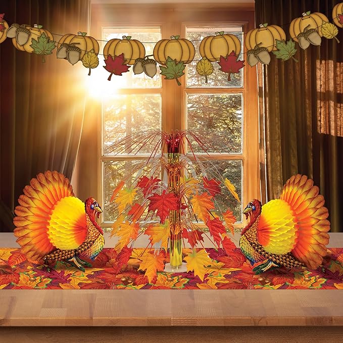Beistle Tissue and Paper Turkey Centerpiece for Thanksgiving Decorations-Autumn Fall Harvest Home Décor, 12", Brown/Red/Orange/Yellow