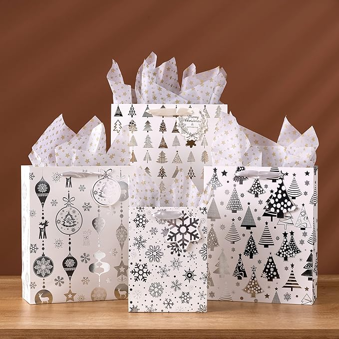 SHIPKEY 12 Pack Gift Bags, Large Silver Paper Bags 10x4x13 Inches with Tissue Paper, for Christmas Presents