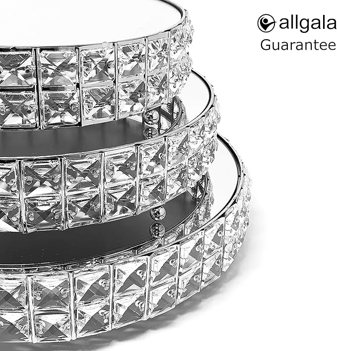 allgala Wedding Cake Stands 3-Piece Set Crystal Gold Plated Cheese Dessert Cupcake Cake Stand with Mirror Plate-Silver Round-HD89204