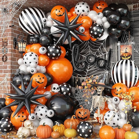 Halloween BOO Balloon Arch Garland Kit, Orange Black White Spooky Pumpkin Face Print Latex Balloons with Eyeball Spider Explosion Star Foil Balloon for Trick or Treat Scary Birthday Party Decorations