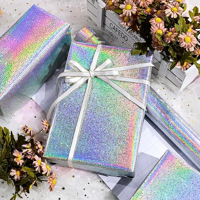Burymento Silver Wrapping Paper Roll, Metallic Holographic Star Gift Wrap for Birthday, Valentines, Mothers day, Graduation, Wedding, Fathers day, Baby Shower, Christmas (17 IN x 32.8 FT)