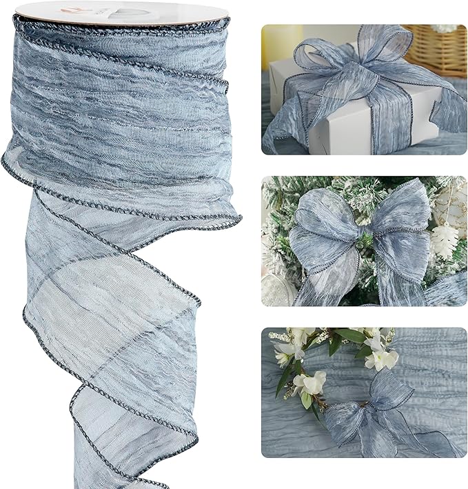 HUIHUANG Blue Wire Ribbon 2.5 inch Metallic Crinkle Dusty Blue Wired Ribbon for Bows Making Gift Wrapping Wreaths Holiday Home Decor DIY Crafts Christmas Tree Bows -10 Yards
