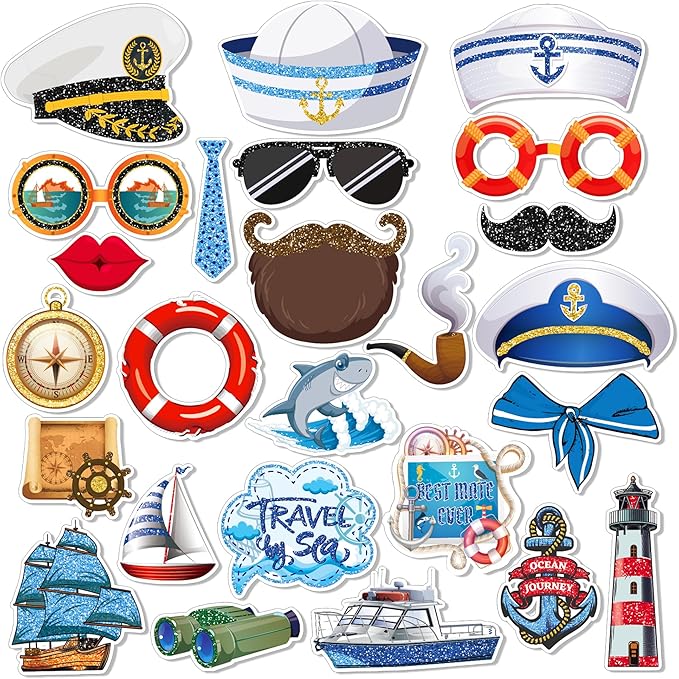 25Pcs Nautical Photo Booth Props for Sailor Birthday Party Decorations, Cruise Anchor Sailboat Yacht Theme Selfie Props Photography Backdrop Decorations for Nautical Ahoy Boy Birthday Party Supplies