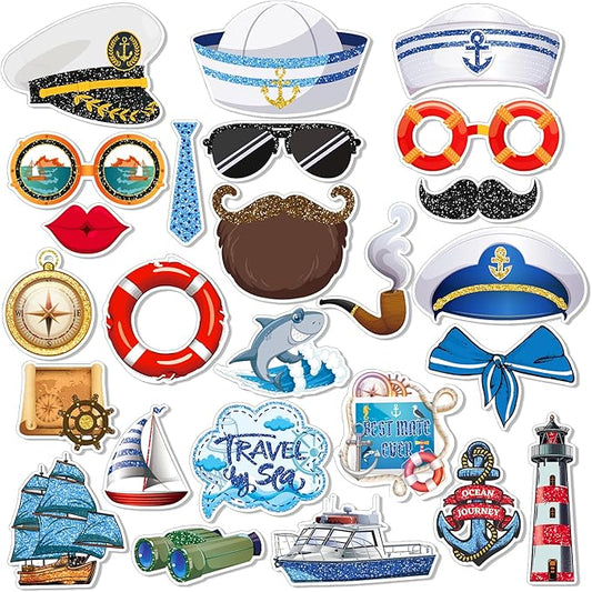 25Pcs Nautical Photo Booth Props for Sailor Birthday Party Decorations, Cruise Anchor Sailboat Yacht Theme Selfie Props Photography Backdrop Decorations for Nautical Ahoy Boy Birthday Party Supplies