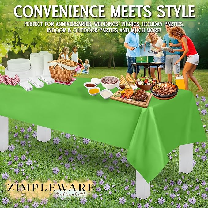 ZIMPLEWARE Premium Lime Green Plastic Table Cloth Disposable (12 Pk) Plastic Tablecloths for Rectangle Tables (54in x 108in) Party Table Cloths Disposable for 6ft to 8ft Rectangle Tables