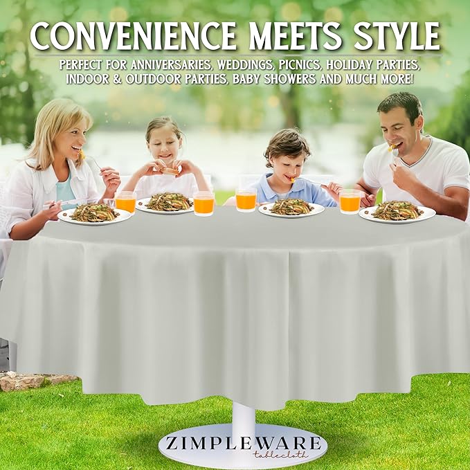 ZIMPLEWARE Premium Light Grey Plastic Table Cloth Disposable (12 Pack) Round Tablecloth (84in) Party Table Cloths Disposable, Perfect Table Cloth Round Cover for Any Table Up to 6 Feet