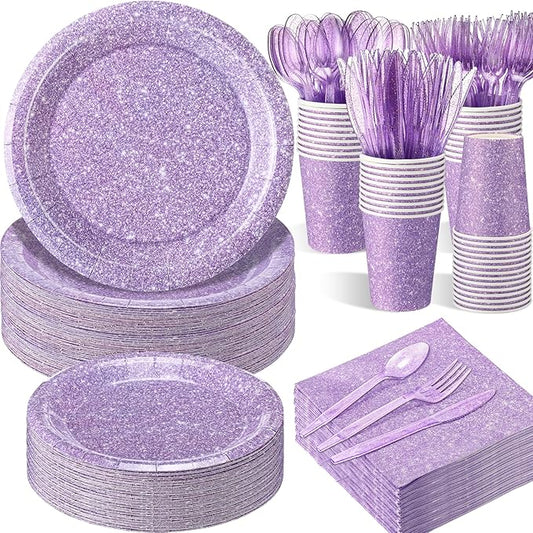 Hushee 350 Pcs Pastel Purple Holographic Print Party Supplies Guests Disposable Dinnerware Set Include Paper Plates, Napkins, Cups, Plastic Cutlery for Wedding Birthday Disco Bachelorette