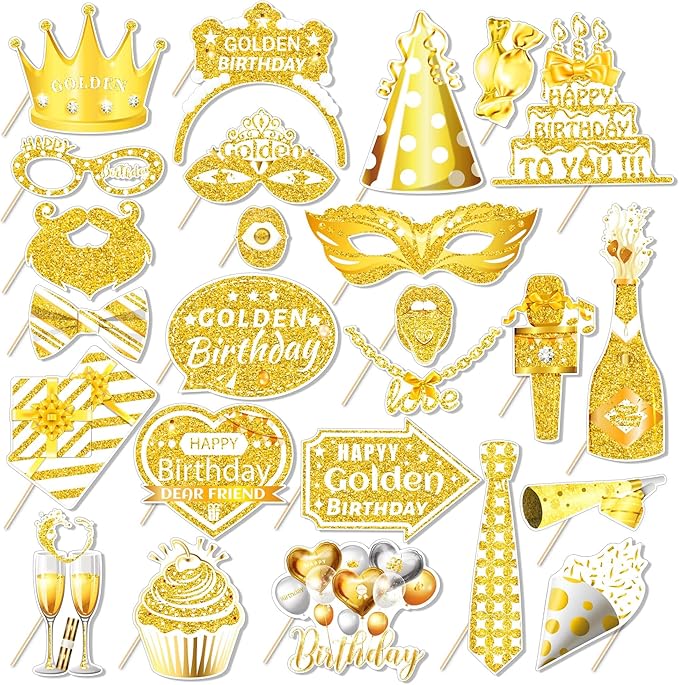 25 Pcs Golden Birthday Photo Booth Props Kit, Gold Glitter Stay Golden Birthday Party Decoration Set, Funny Happy Gold Bday Selfie Photo Props for Boys Girls Women Men, Birthdays Party Supplies