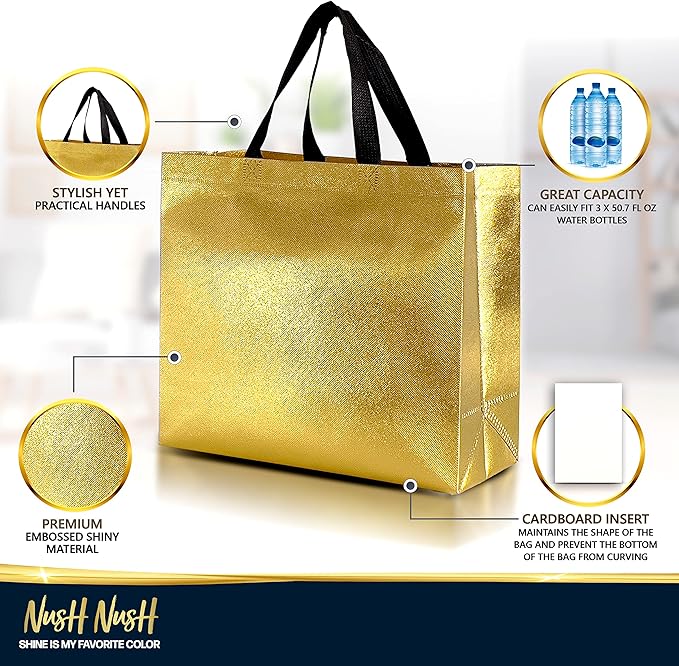 Nush Nush Gold Gift Bags Large Size in Bulk – Set of 30 Shiny Reusable Gold Gift Bags With Black Handles - Perfect for Small Businesses, Gifting, Weddings, Christmas Party Favors – 13Wx5Dx11H Size