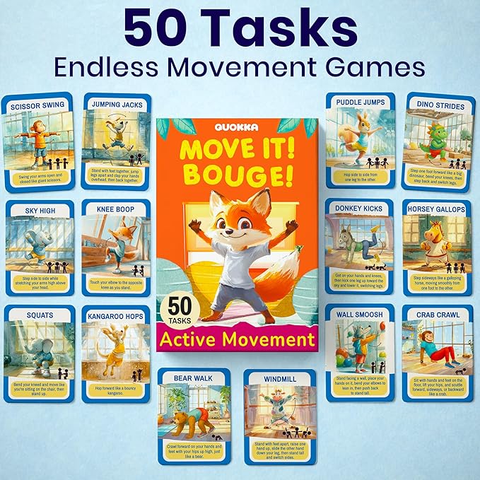 QUOKKA Active Movement Game for Kids Ages 4–8 – Animal-Themed Card Set with 50 Movement Tasks for Indoor & Outdoor Brain Breaks, Home & Classroom Activities
