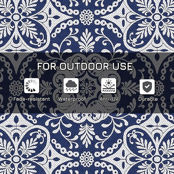 Outsunny Reversible Outdoor Rug Carpet, 9' x 18' Waterproof Plastic Straw Rug, Portable RV Camping Rugs with Carry Bag, Large Floor Mat for Backyard, Deck, Picnic, Beach, Blue & White Floral