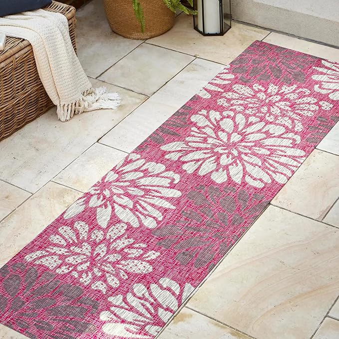 JONATHAN Y Floral Textured Weave Indoor Outdoor Runner Rug 2X8 Fuchsia/Light Gray, Zinnia Modern for Backyard, Patio, Porch, Easy-Cleaning, High Traffic, Pet-Friendly, Non-Shedding (SMB110F-28)