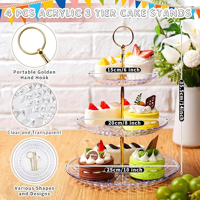 Pinkunn 9 Pcs Acrylic Cake Stand Set Include 4 Pcs 3 Tier Cupcake Tower 4 Round Dessert Tray 1 Cake Pedestal Stand Dessert Table Cupcake Holder for Birthday Wedding Baby Shower Party Decoration
