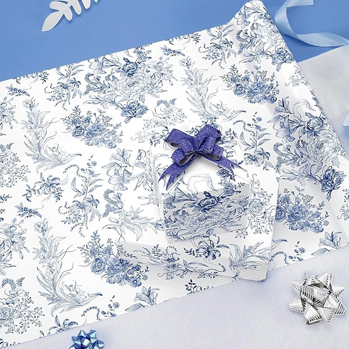 WERNNSAI Flower Gift Wrapping Paper Roll - 1 Roll 17”x 33 ft Bouquet Wrapping Paper Wedding Blue Gift Wrap for Women Adults Birthday Party Festival Holiday Art Supplies
