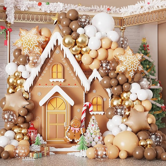135PCS Christmas Gingerbread Snowflake Balloon Arch Garland Kit, Brown White Christmas Balloon Garland with 24inch Gingerbread Snowflake Foil Balloons for Xmas Gingerbread House Winter Decorations