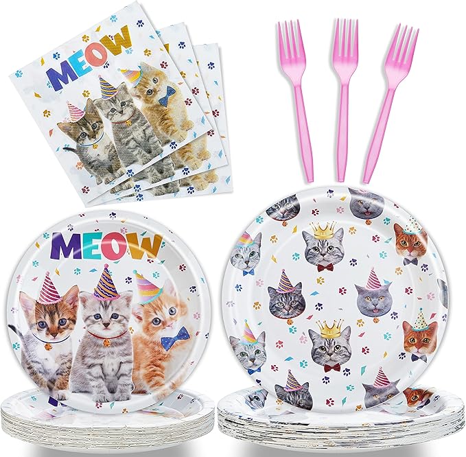 96 Pcs Cat Birthday Party Plates Napkins Forks Supplies Tableware Set Disposable Paper Cat Theme Decoration for Kids Birthday Party, Serves 24 Guests