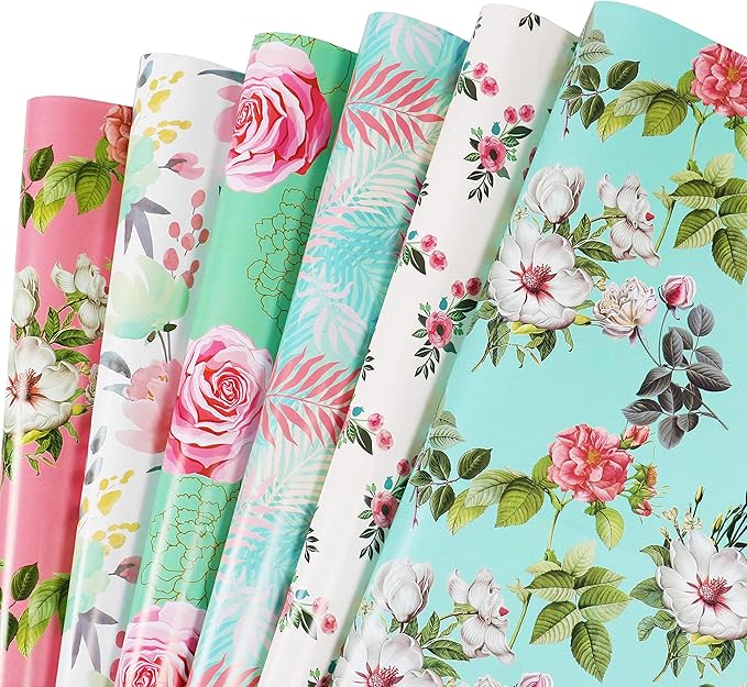 Gift Wrapping Paper Girls Women, 12 Sheets Floral Birthday Wrapping Paper, Pink Green Colorful Folded Gift Wrapping Paper for Birthday Valentines Day Bridal Shower Mother's Day, 19.6 x 27.5 Inches