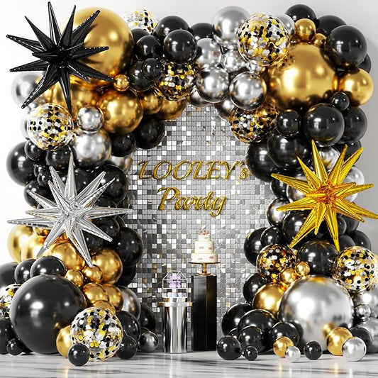 137Pcs Black Gold and Silver Balloons Garland Arch Kit with Stars - 5 10 12 18 inch Black Gold Silver Latex Party Balloons for New Year Birthday 2026 Graduation Retirement Party Decoration